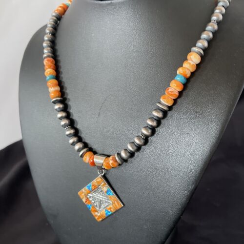 Navajo Pearls Sterling Silver Necklace | Orange Spiny Oyster Opal Inlay Pendant | 11320