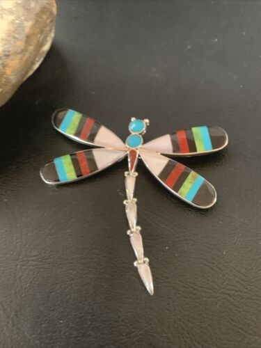 Zuni Coral Turquoise Inlay Dragonfly Necklace Pin Pendant | Sterling Silver | Native American Handmade | 11891