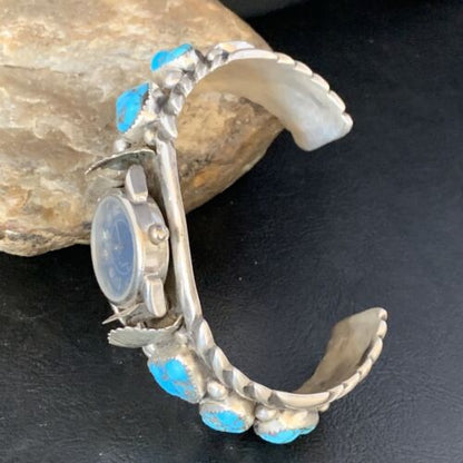 Navajo Sterling Silver Watch Cuff Bracelet | Blue Kingman Turquoise | Authentic Native American Jewelry | 13711