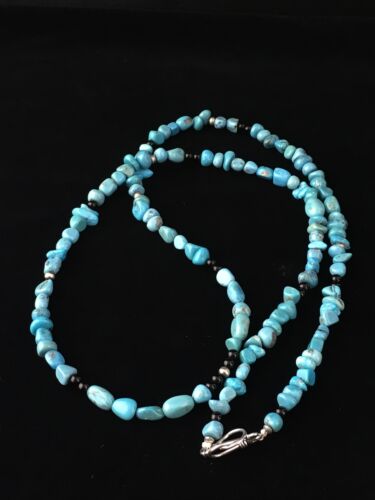 Southwestern | Blue Nugget Turquoise Onyx Necklace | Sterling Silver | 19" | 10021