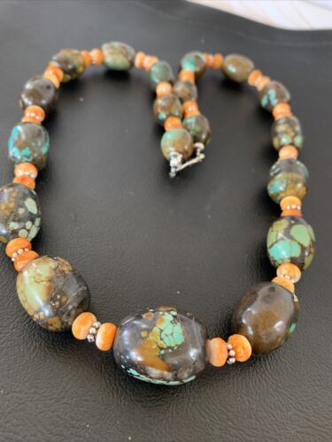 Navajo Green Turquoise & Orange Spiny Oyster Necklace | Sterling Silver | 23" | Authentic Native American Handmade | 1846