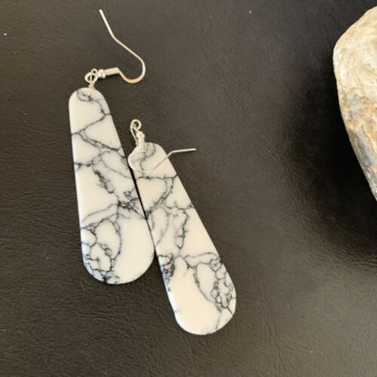 Navajo White Buffalo Turquoise Dangle Earrings | Sterling Silver | 2" | Authentic Native American Handmade | 11749