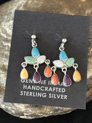 Navajo Multi-Color Turquoise Spiny Opal Inlay Sterling Earrings 1" | Handmade | 14410