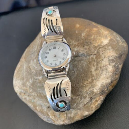 Women's Bear Paw Navajo Sterling Silver Watch Tips with Blue Turquoise Band | Authentic Native American Jewelry | 2095