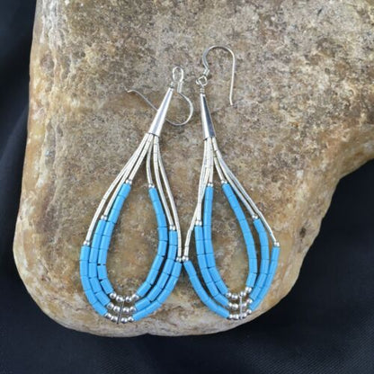 Native American Turquoise Heishi Tube Dangle Earrings | Sterling Silver | 2" | 8875
