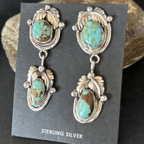 Navajo Blue #8 Turquoise Dangle Earrings | Sterling Silver | Authentic Native American Handmade | 14339 - Masha USA