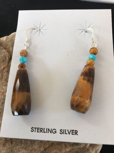 Navajo Sterling Silver Faceted Tiger's Eye Turquoise Dangle Earrings | Authentic Native American Handmade | 1995
