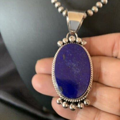 Native American Navajo Blue Lapis Pendant Necklace | Sterling Silver | Authentic Handmade | 11678 - Masha USA