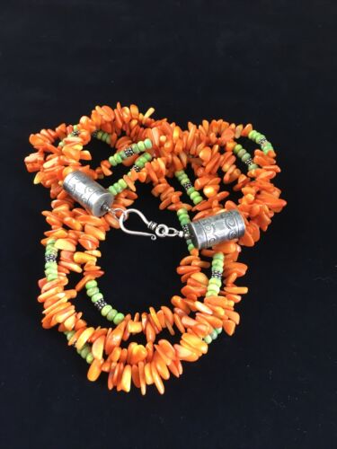 Navajo Pearls 3-Strand Necklace | Sterling Silver Orange Coral | 19" | Authentic Native American Handmade | 10042