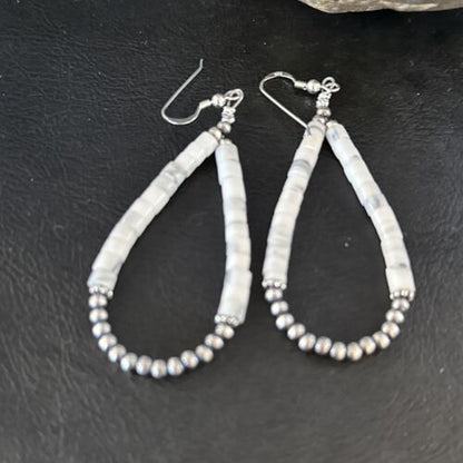 Navajo White Howlite Heishi Dangle Earrings | Sterling Silver | 2" | Authentic Native American Handmade | 14480