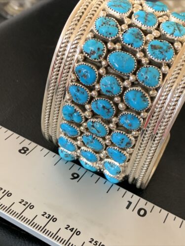 Sterling Silver Blue Kingman Turquoise Cuff Bracelet | 3 Row Stone | Authentic Native American Handmade | 12167