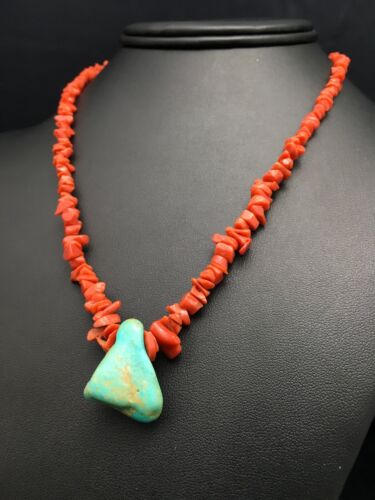 Native American Turquoise and Coral Pendant Necklace | Brass Old Pawn | 19" | 4007