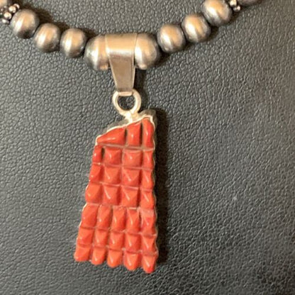 Navajo Red Coral Corn Inlay Necklace Pendant | Sterling Silver | 21" | Authentic Native American Handmade | 12584