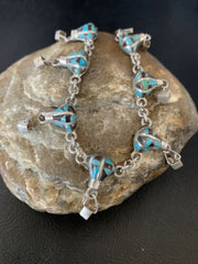 Navajo Blue Turquoise Lapis Inlay Link Bracelet | Sterling Silver | 7" | Authentic Native American Handmade | 12925