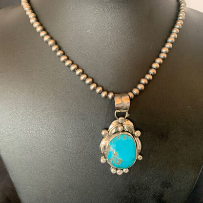 Men's Navajo Pearls Necklace with Blue Kingman Turquoise Pendant | Sterling Silver | Native American Handmade | 12596