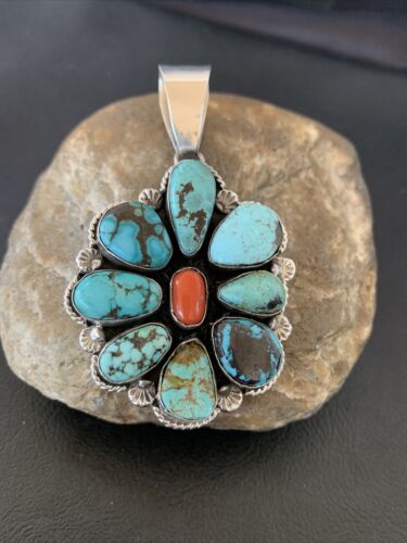 Navajo Cluster Coral Spiderweb Turquoise Pendant | Sterling Silver | Authentic Native American Handmade | 2228