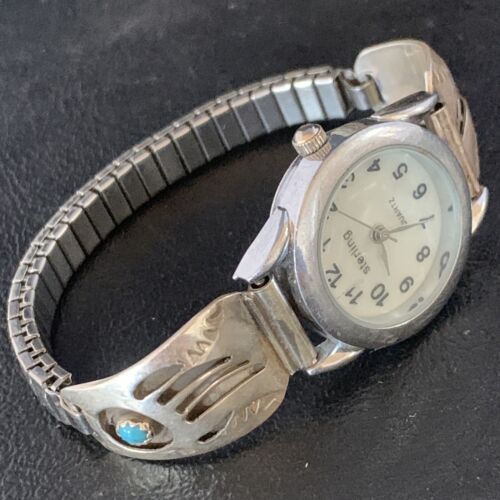 Women's Navajo Sterling Silver Watch Tips with Blue Turquoise | Bear Paw Design | Authentic Native American Jewelry | 13692