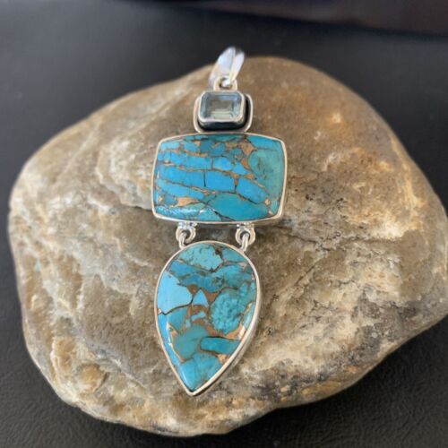 Navajo Blue Topaz Mojave Turquoise Pendant | Authentic Native American Sterling Silver | Multi-Stone | 10714
