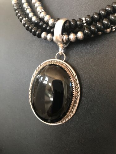 Navajo Pearls Black Onyx Pendant Necklace | Sterling Silver | 3 Strand| 23" | 8143