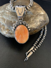 Navajo Orange Spiny Oyster Pendant Necklace | Sterling Silver | Authentic Native American Handmade | 13083