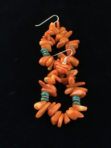 Navajo Orange Coral Turquoise Earrings Set | Sterling Silver | Authentic Native American Handmade | 1776