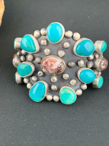 Men's Blue Turquoise Wild Horse Cuff Bracelet | Sterling Silver | Navajo Handmade | 4228 - Masha USA