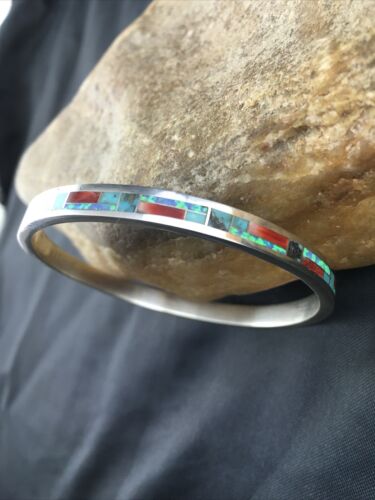Native American Zuni Opal Spiny Turquoise Inlay Bracelet | Sterling Silver Bangle | 10199