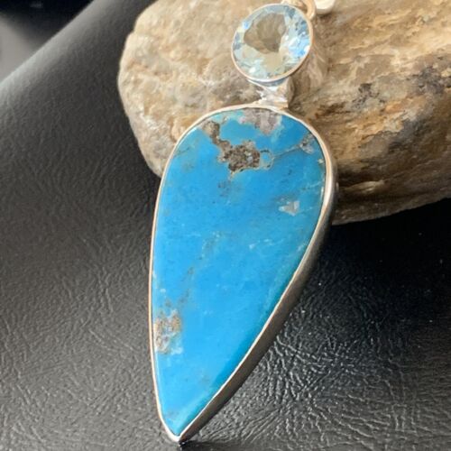 Navajo Sterling Silver Blue Topaz Turquoise Multi-Stone Pendant | Authentic Native American Handmade | 3" | 12025