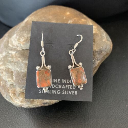 Navajo Orange Spiny Oyster Inlay Earrings | Sterling Silver | Authentic Native American Handmade | 12829