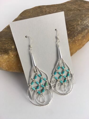 Native American Blue Turquoise Heishi Dangle Earrings | Sterling Silver | 2" | 8878