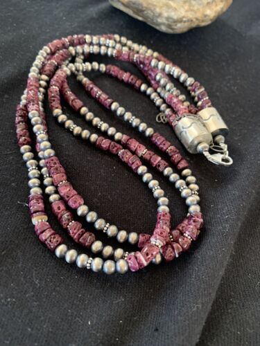 Navajo Purple Spiny Oyster Necklace | 3 Strand | Sterling Silver | 22" | Authentic Native American Handmade | 467