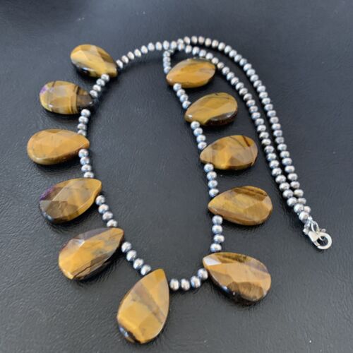 Navajo Pearl Sterling Silver Necklace | Coffee Tiger's Eye Teardrop Pendant | 21" | 11748