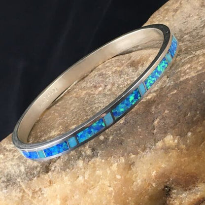 Navajo Blue Opal Inlay Bracelet | Sterling Silver | 8"  Bangle | Authentic Native American Handmade | 10195