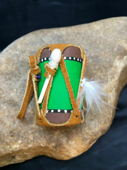 Navajo Leather Drum Car Charm | 2" Mirror Dangler | Handmade Miniature | 8923