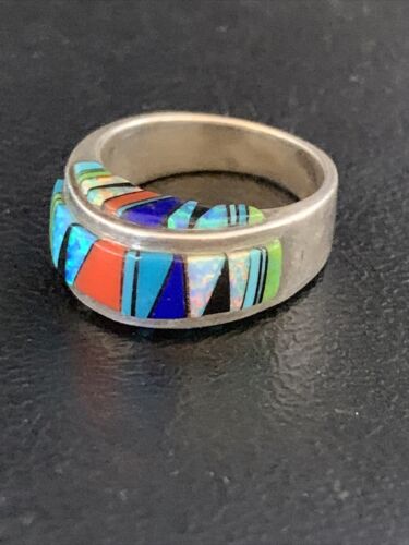 Multi-Color Navajo Sterling Silver Turquoise Spiny Oyster Inlay Ring Sz 6 | Handmade | 14169