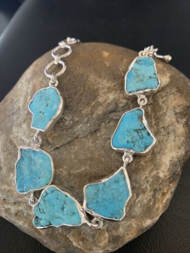 Navajo Blue Kingman Turquoise Rough Link Bracelet | Sterling Silver | 8" | 11652