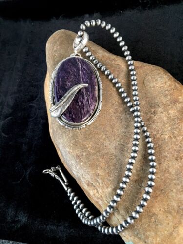 Navajo Charoite Feather Pendant | Sterling Silver Pearls Necklace | Authentic Native American Handmade | 8739