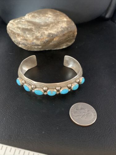 Men's Blue Kingman Turquoise Cuff Bracelet | Sterling Silver | 7 Stone | Authentic Native American Handmade | 14137