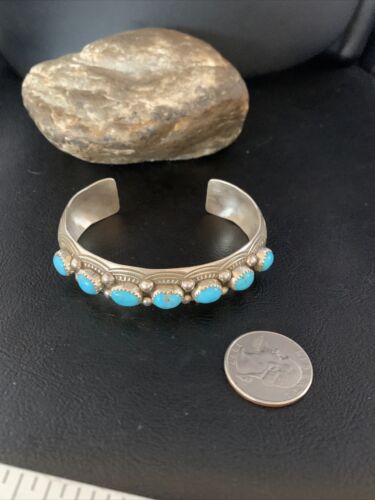 Men's Blue Kingman Turquoise Cuff Bracelet | Sterling Silver | 7 Stone | Authentic Native American Handmade | 14137 - Masha USA