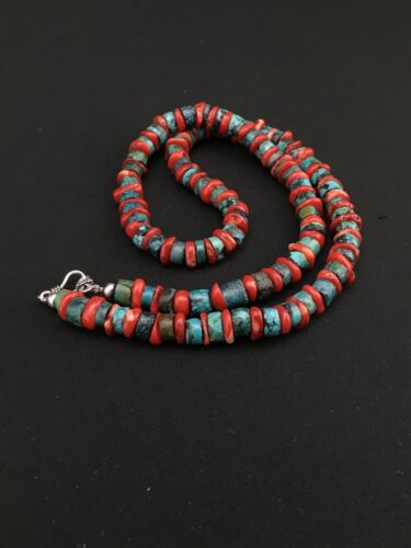 Navajo Sterling Silver Heishi Green Turquoise Coral Necklace | 20" | 1266