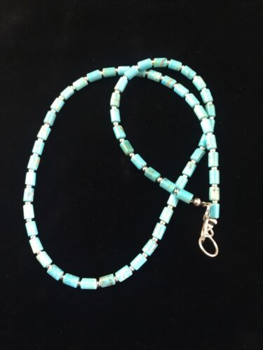 Native American Blue Turquoise Tube Necklace | Sterling Silver | 20" | 10009 - Masha USA
