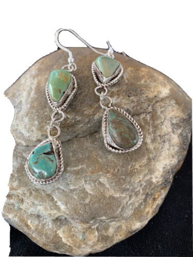 Native Navajo Green Royston Turquoise Sterling Silver Dangle Earrings 1498