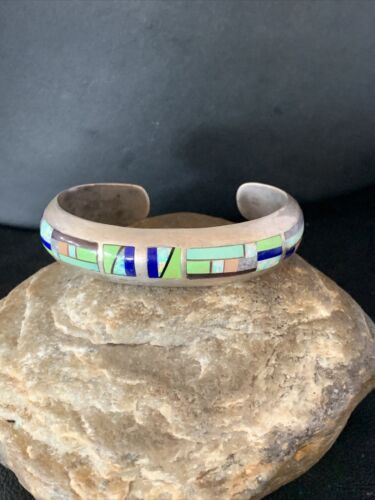 Old Pawn Navajo Turquoise Gaspeite Lapis Inlay Bracelet | Sterling Silver | Authentic Native American Handmade | 14160