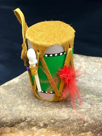 Handmade Miniature Leather Drum Car Charm | 2" Mirror Dangler | Authentic Native American | 8929
