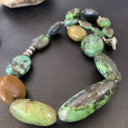 Navajo Sterling Silver Graduated Green Nugget Turquoise Necklace | Authentic Native American | 21" | 10726