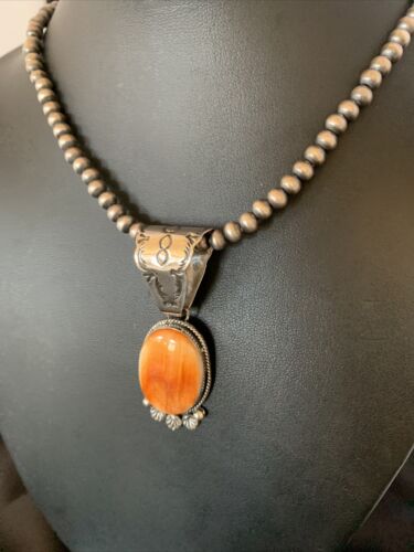 Navajo Orange Spiny Oyster Pendant Necklace | Sterling Silver | Authentic Native American Handmade | 13085