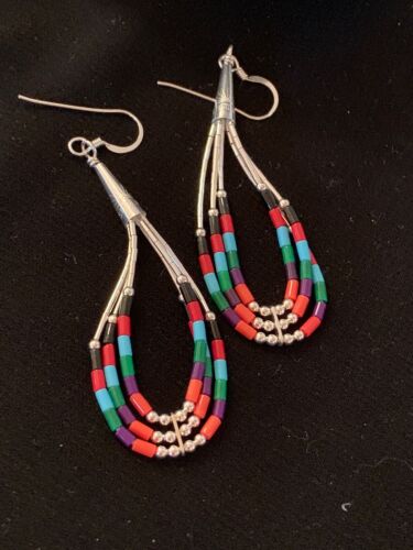 Handmade Liquid Silver Heishi Dangle Earrings | Turquoise Coral | Sterling Silver | 2" | 2001