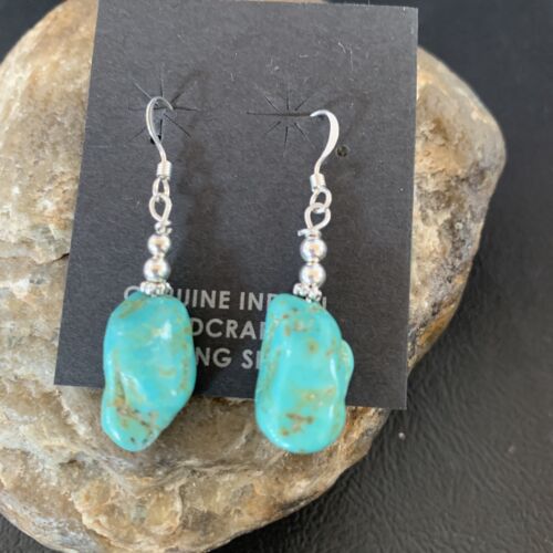 Navajo Turquoise Bead Nugget Earrings | Sterling Silver Pearls | 1" | Authentic Native American Handmade | 12896