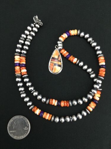Navajo Spiny Oyster Pendant with Sugilite Inlay | Sterling Silver Necklace | Authentic Native American Handmade | 4879