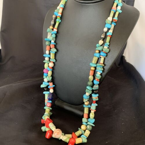 Southwestern American Santo Domingo Turquoise Coral Bead Necklace | 28" | Authentic Native American Handmade | 11987
